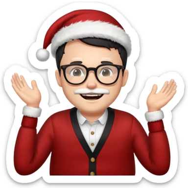 white man wearing glasses, black short hair dressed as hipster Santa in a cardigan, cute smile with teeth sticker