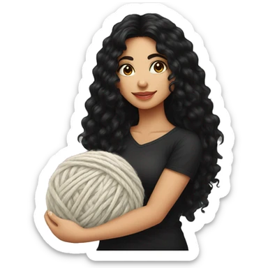 pretty Hispanic woman with long black curly hair holding one ball of yarn wearing a black shirt sticker