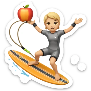 "Apple 3D emoji-style character wakeboarding mid-jump, with arms extended holding an orange rope, legs slightly bent on a yellow board. Stylized water splash behind. Emoji face, rounded body, bright and clean Apple shading." sticker