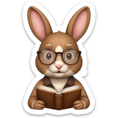 Brown bunny with reading glasses and book. sticker