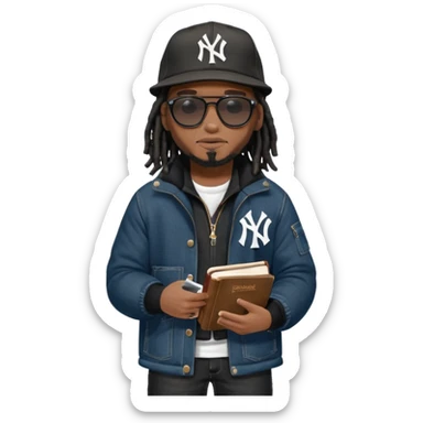 African American man with shoulder length black dreadlocks and black sunglasses wearing a black New York Yankees baseball hat with a North Face brand bubble winter coat with denim skinny jeans and timberland boots walkingholding a bible sticker