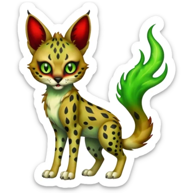 Dark-deep-blackish-Greenish Zombie-serval, full body, with green spectral haunted flames, big white claws, slit pupils, big red eyes,  sticker