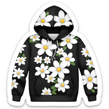 The BLACK Hoodie features a black base with scattered black and white flowers. Each flower has a white outer ring with a hollow center, creating a unique open design that contrasts sharply against the dark background. sticker