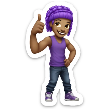 A light skinned hip hop dancer with purple hair doing a thumbs up sticker