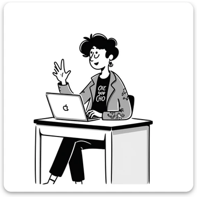 A rockstar female musician with tattoos on her arms, stylish modern haircut with shaved sides, wearing cool rocker clothes, smiling and sitting at a desk with a laptop, raising hand during class sticker