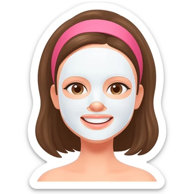 A smiling woman with brown hair, wearing a pink headband, wearing a white sheet mask, simple emoji style, flat 2D render, pastel colors, white background sticker