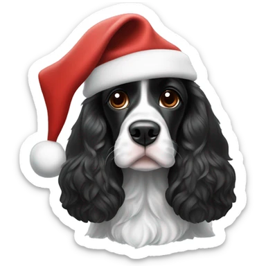black and white english cocker spaniel with spots on nose and black ears and santa hat sticker