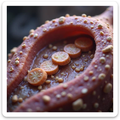 hyperrealistic and anatomical 4K visualization of fatty acid transport through mitochondrial membrane, with details of fatty acids, carnitine, and cellular structures sticker