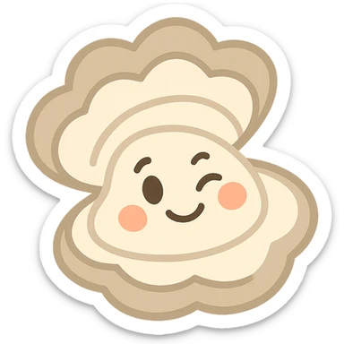 cute oyster with winking expression and rosy cheeks, cream and greige colors, pastel toon style sticker