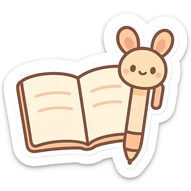 open notebook with a pen with ears, chibi stickers style, cute and cartoonish sticker