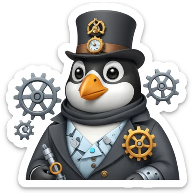 a steampunk engineer penguin fixing a complex gears system on top of an iceberg sticker