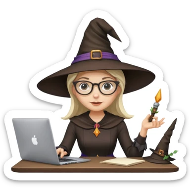 A female video editor wearing glasses, dressed like a witch with a pointed hat, sitting at a laptop editing a video, cinematic lighting, cozy creative studio, professional look, high quality, realistic sticker