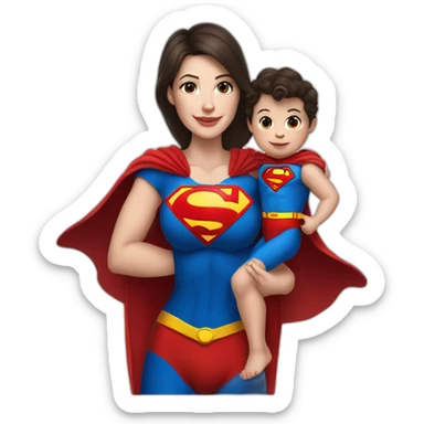 mother white skin brunette dressed as Superman with a cape holding a baby sticker