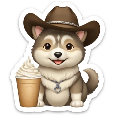 Agouti (more black and cream, some tan) Malamute puppy wearing cowboy hat and smiling with cup of whipped cream sticker