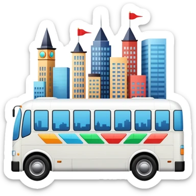sleek bus from a slight angle with three colorful arrows leading to city symbols, no skyline sticker