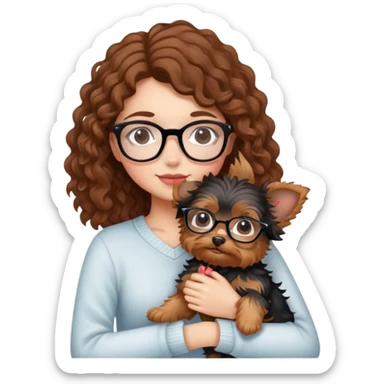 Girl with brown curly hair wearing glasses cuddling with a cute yorkie sticker