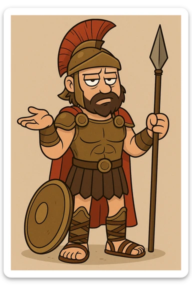 Ares, dieu grec, air blasé, style cartoon, armure antique, casque à crête, pose nonchalante, sans texte sticker