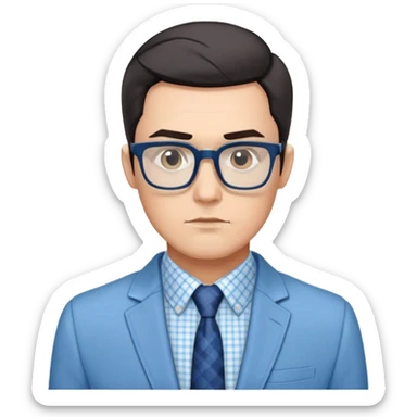 Man with angular square face, large dark square eyeglasses, short straight dark hair with side part. Composed serious expression. Wearing a light blue blazer over a white button-up shirt with blue checkered pattern. sticker