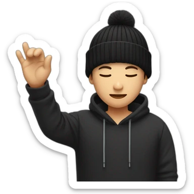 tech guy in in black shirt and black beanie holding hands together with closed eyes sticker