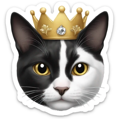 black and white cat wearing a crown sticker