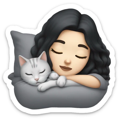 White girl with black hair sleeping with light grey kitty sticker