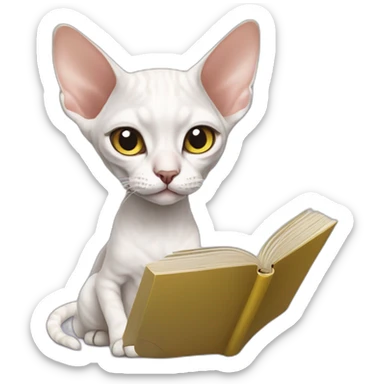 Slim white devon rex with grey eyes reading book sticker