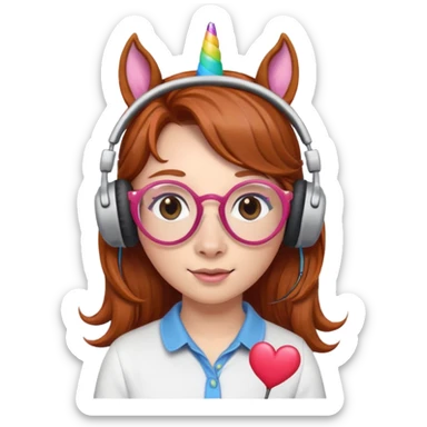headphone wearing unicorn with dark ginger hair and heart shaped spectacles sticker