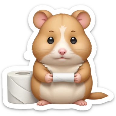 Cute chubby cartoon-style hamster holding toilet paper sitting on toilet looking as if he had an accident, sticker-style illustration sticker