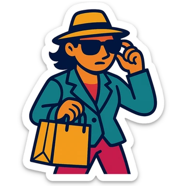mystery shopper character holding a shopping bag, wearing sunglasses and a hat, vibrant toon style sticker