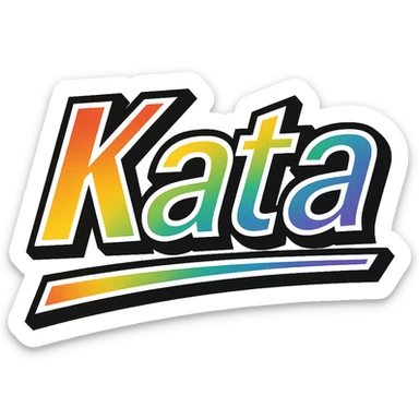 The name 'Kata' in modern, precise Hungarian letters with a rainbow gradient fill, extra thick white letter outline, dark contour, transparent background, dynamic slanted underline, in the style of the reference samples. sticker