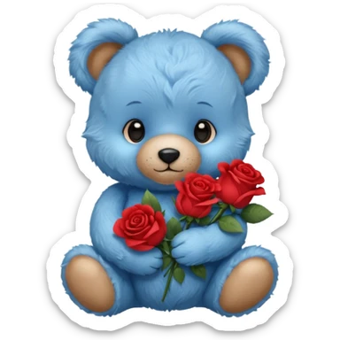 cute blue baby teddy bear holding roses  sticker