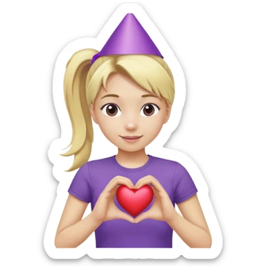 Девушка со светлыми волосами в хвостике, в фиолетовой футболке показывает руками сердечко. На голове у неё праздничный колпак sticker