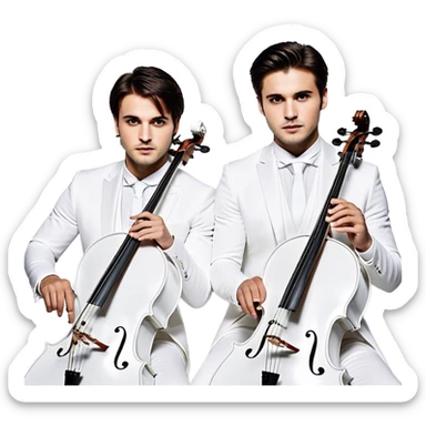 detailed portrait of 2cellos, focusing on their upper half. both musicians are wearing elegant white outfits, holding their cellos with a confident and dynamic posture. their expressions are intense and passionate, with soft lighting highlighting the sleek and modern aesthetic. the background is minimal and bright, enhancing the elegant and sophisticated vibe sticker