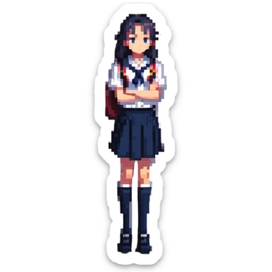 slender schoolgirl in navy uniform in classroom at sunset with dramatic shadows, one desk pulled out, gazing at window, feeling of longing sticker