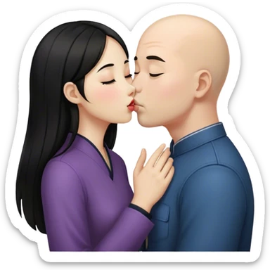 Long dark hair Chinese girl kissing bald white boy  sticker