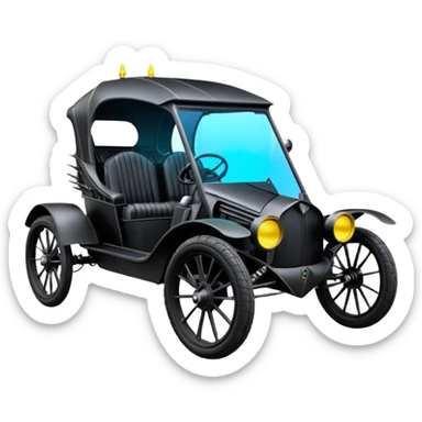 Mad max survival apocalypse ghostly sporty antique electric Darth Vader’s Batman-armored 1926 black graphite colored enclosed twin seat town buggy with horizontal holographic 3d stars painted on the body sides and neon under glow  sticker