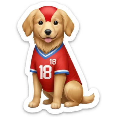 a golden retriever with a red and white jersey that has the number 18 on it with no blue  sticker
