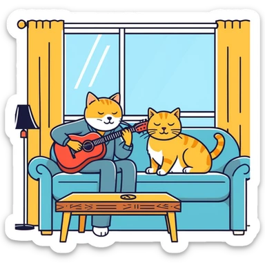  old blind man playing ￼guitar  on the couch ￼with his ￼golden cat  sticker