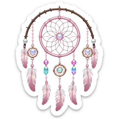 Hanging Iridescent pastel pink sakura crystals white-pearly suncatcher dreamcatcher with bells and feathers sticker