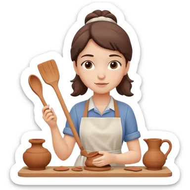 A ceramicist girl in an apron sculpts from clay sticker