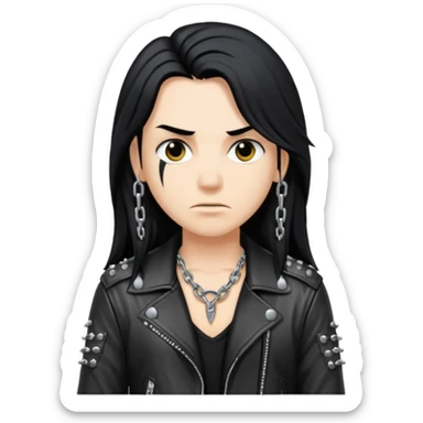 A fan of heavy extreme music, a metalhead with long black hair, rivets in chains on a leather jacket sticker