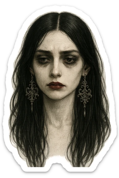 goth face, long black hair, deep red lips, ornate earrings, melancholic expression sticker