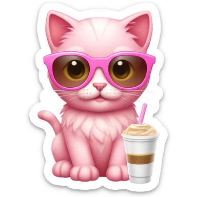 A pink kitten wearing sun glasses and holding a iced coffee sticker