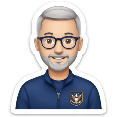 Man with light skin, extremely short black hair (military buzz cut), short peppered gray beard, large black-framed glasses, smiling face, navy blue zip-front sweatshirt with long sleeves sticker