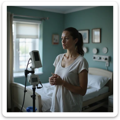 hyperrealistic 4K image of new mother standing in nursery, obsessively checking baby monitor, dark circles under eyes, surrounded by every safety device imaginable, anxious and exhausted, safe and detailed environment sticker