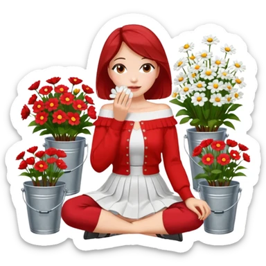 a woman sitting on a tiled surface surrounded by various bouquets of flowers in metal buckets and glass vases. She is holding a single white flower up to her face, covering it playfully. She wears a red off-shoulder cardigan and a white skirt. sticker