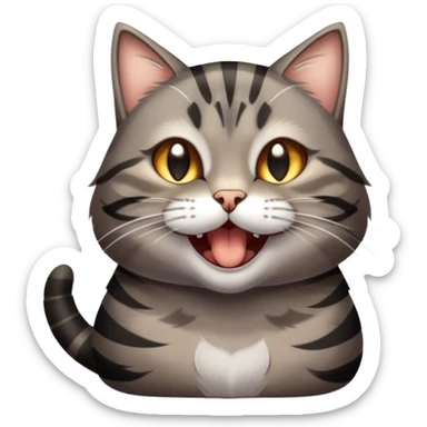Cinematic Cute Yawning Grey and Black Brown Tabby Cat Portrait Emoji, Head tilted slightly with a dramatic, wide-open yawn, sleek grey-brown fur with dark black tabby stripes, sparkling amber eyes barely open, Simplified yet irresistibly adorable features, highly detailed, glowing with a soft, cozy glow, high shine, relaxed yet expressive, stylized with a touch of whimsy, bright and endearing, soft glowing outline, capturing the essence of a sleepy yet affectionate kitty, so drowsy it feels like it could stretch right out of the screen and curl up for a nap! sticker