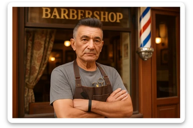 huddi shu odamni qariroq va soqolsiz tasvirlab ber o'zgartirib realistik qilib orqa fon sartaroshxona belidan sal pastroqqacha uzbek sartaroshi juda ham qari emas lekin yosh ham emas sticker