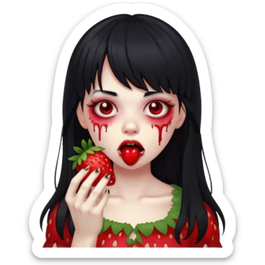 Girly girl, zombie, black hair, bang, cabelo longo e um comendo um morango sticker