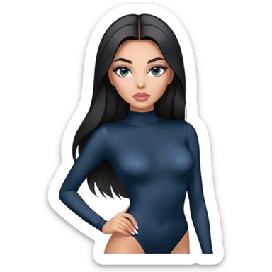 Glamours, tanned, very beautiful girl, with big pump peach-beige-rose lips, long long lashes, black straight smooth silky long hair, straight parting hair, blue-grey eyes in black long-sleeves bodysuit sticker